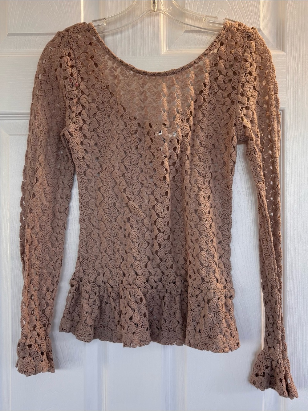 Mimi Chica Brown Crocheted Knit Peplum Long Sleeve Top